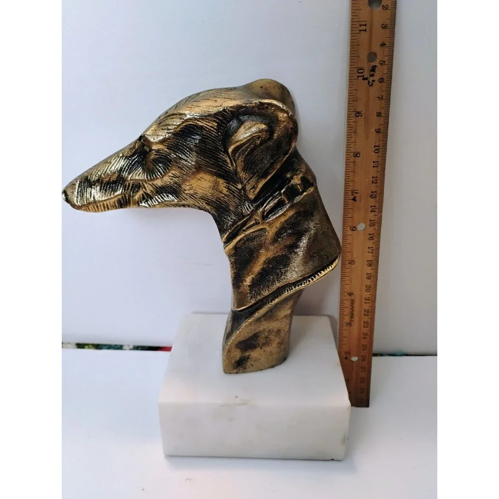 Vintage Brass Greyhound Whippet Dog Bust White Marble Base Statue Bookend 9
